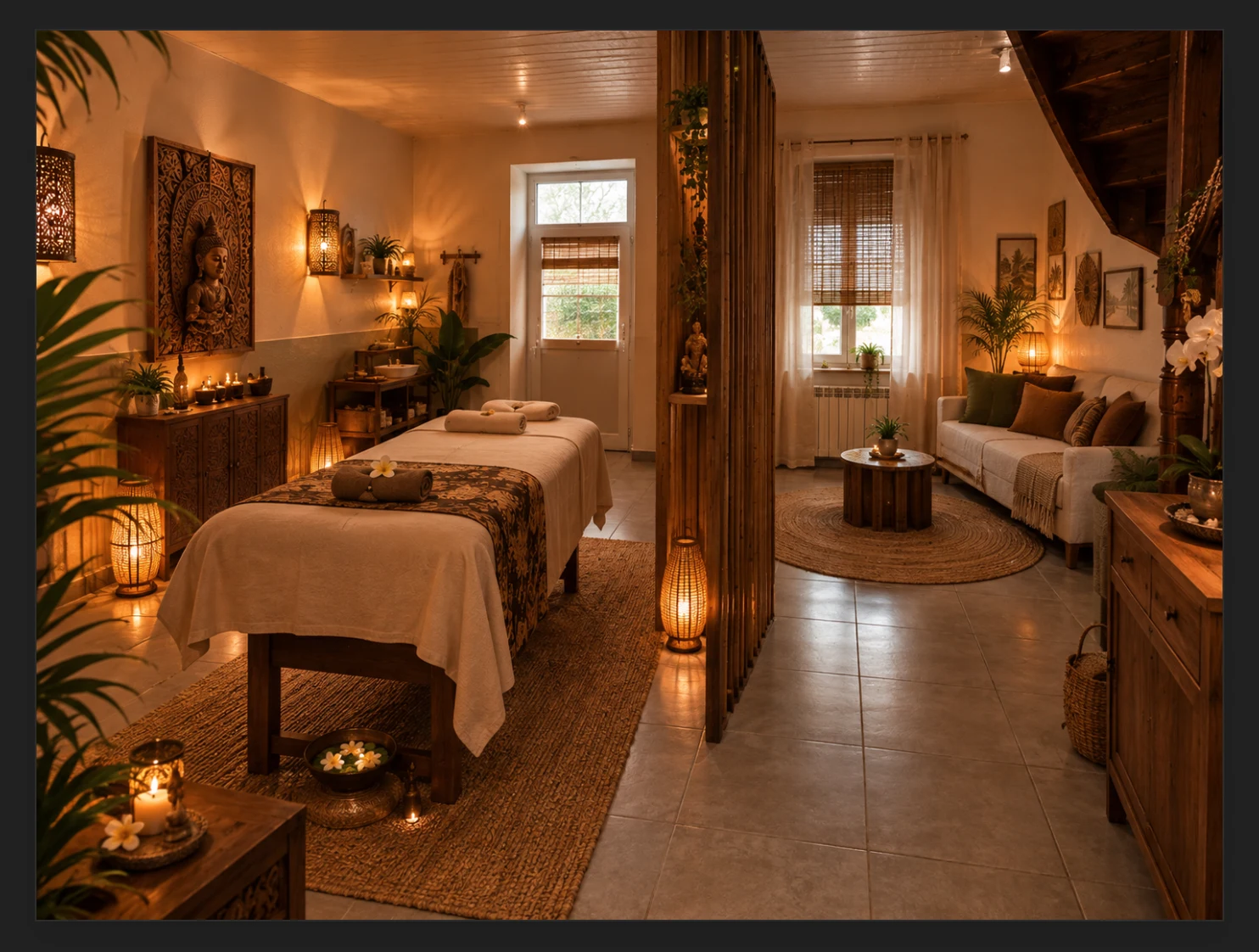 Vue d’ambiance du projet d’aménagement : bois, végétation, lumières douces et table de massage